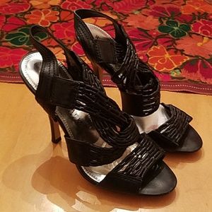 WHBM Black Cross Stringy Sandal Heels
